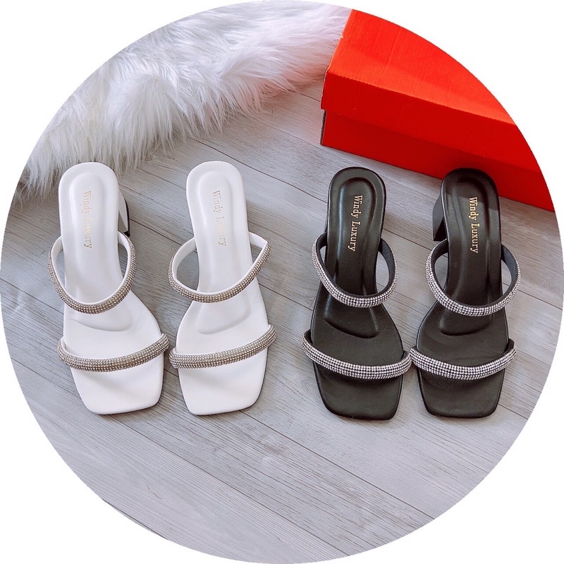 Dép nữ cao gót hai quai đá gót vuông 5cm