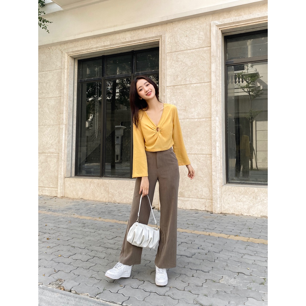 Áo croptop khoen tròn vải xốp không nhăn cut out tay loe MIEU - HD18