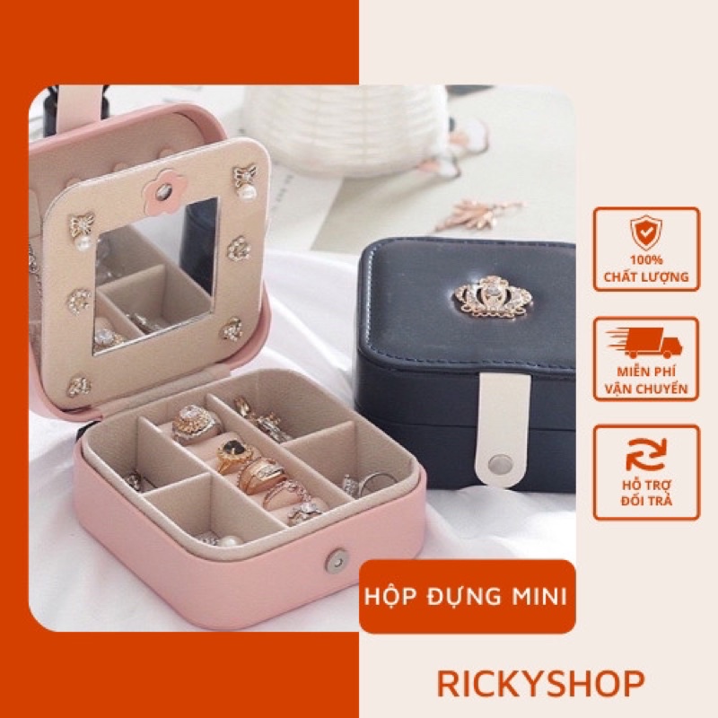 Hộp đựng trang sức thiết kế nhỏ gọn tiện lợi khi đi du lịch có gương đính vương miện sang trọng cao cấp