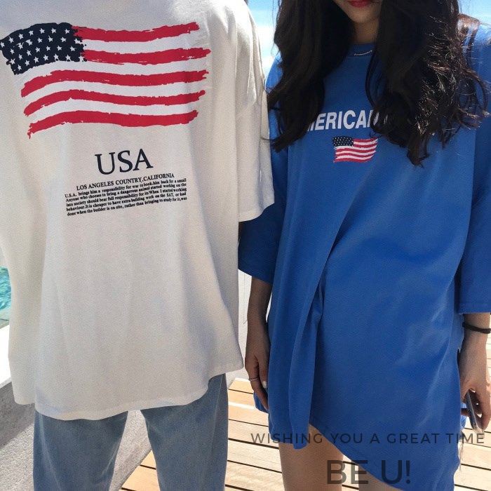Áo Thun Nữ Form Rộng Tay Lỡ Phối Lá Cờ AMERICAN MADE Cá Tính Năng Động EVA AO 10228