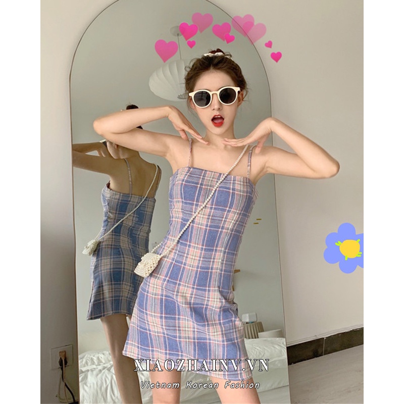 Đầm hai dây kẻ sọc ca rô Xiaozhainv thời trang Hàn Quốc quyến rũ cho nữ