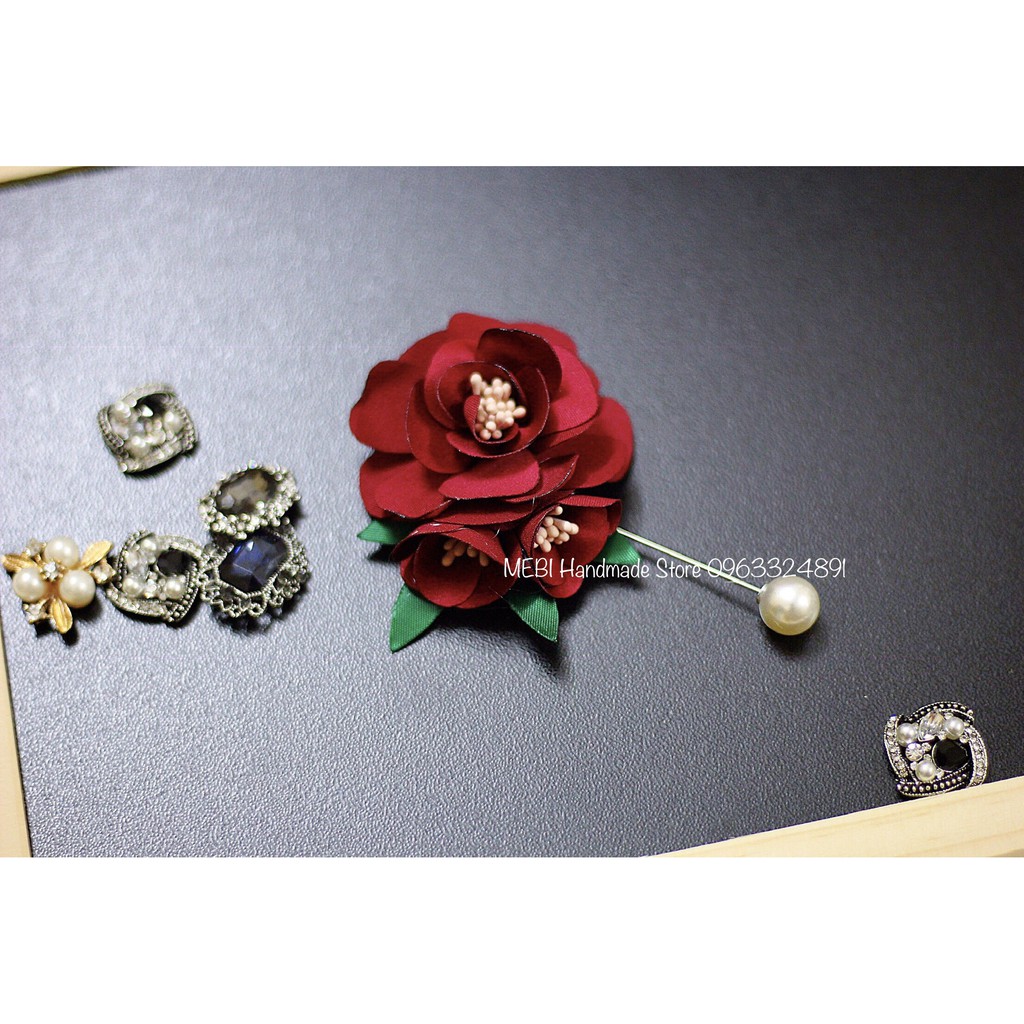 (Ảnh thật 100%) Hoa cài áo handmade (mẫu hoa hồng 2 nụ)