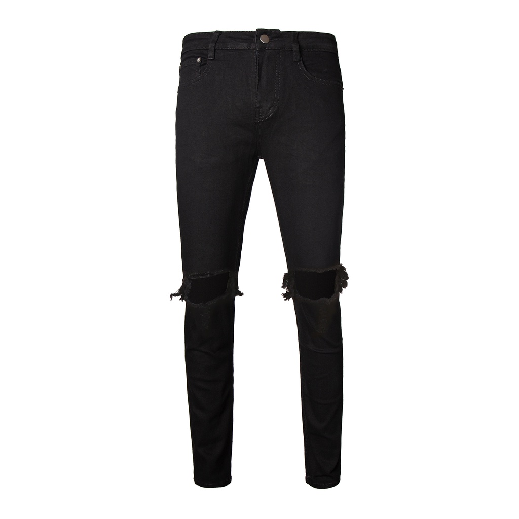 Quần Skinny Jeans Nam-Màu Đen-Rách Gối To-Chất Liệu Cotton Co Giãn-Ống Đứng Dáng-Ống Ôm Chân Chuẩn Skinny