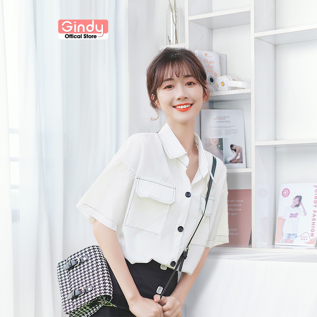 Áo sơ mi nữ trắng kaki cổ bẻ tay ngắn viền chỉ GINDY dáng basic trơn thời trang công sở học sinh thanh lịch A066