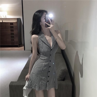 Váy hở lưng hoạ tiết kẻ caro hàng Quảng Châu chất đẹp