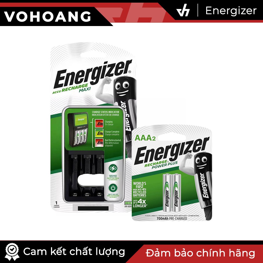 Bộ sạc Energizer Charger kèm 2 pin sạc AAA 700mAh, tự ngắt sạc, pin mới nguyên seal