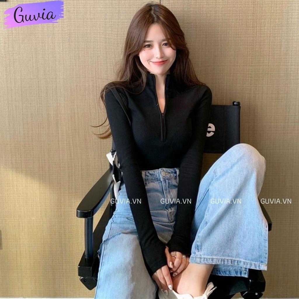 Áo Croptop Tay Dài CỔ CAO DÂY KÉO Thun Gân Ôm Body Sexy Ulzzang GUVIA