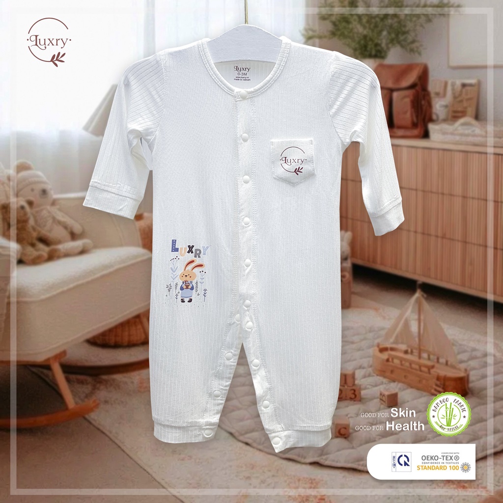 Bộ đồ liền thân Body dài tay, bodysuit Luxry thỏ vân đáng yêu chất vải sợi tre cho trẻ sơ sinh đến 18 tháng