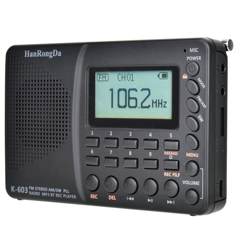 HanRongDa K-603 Full Band Radio Bluetooth FM AM SW Portable Pocket Radios MP3 Digital REC Recorder Support Micro-SD Card