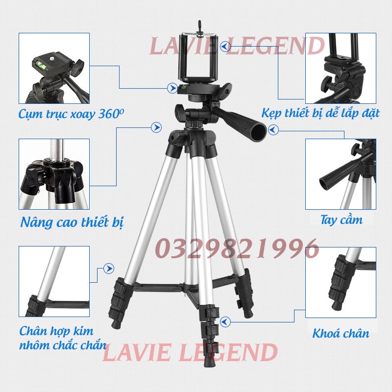 Tripod Điện Thoại 150cm, Chân Máy Ảnh Khung Nhôm Xoay Nhiều Góc Độ Hỗ Trợ Chụp Hình Livesteam, Facetime, Quay Video