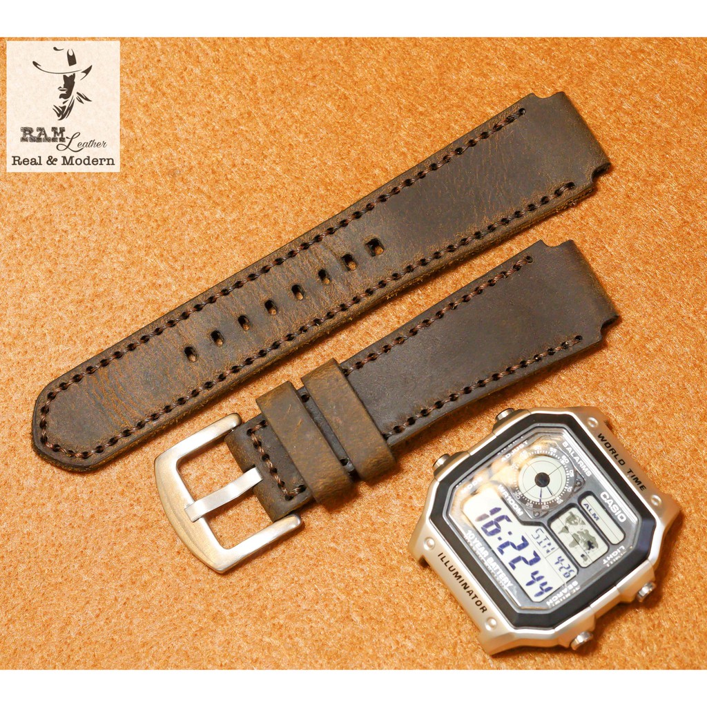 Dây đồng hồ da bò cho casio 1200 , 1300 , 1000 và 18mm RAM Leather  - tặng khóa chốt và cây thay dây