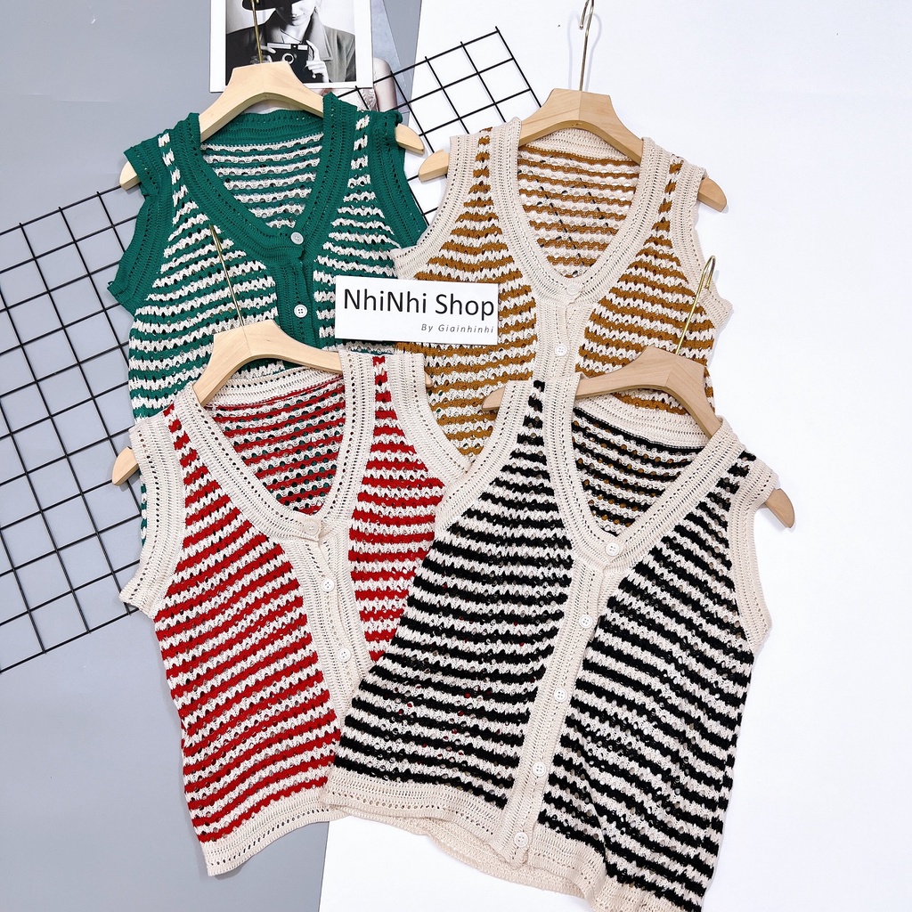 Áo len kẻ sọc ngang sát nách, Áo liểu len lỗ mỏng mặc mát AL7305 - NhiNhi Shop