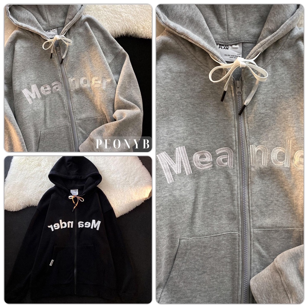 Áo khoác nỉ ngoại thêu Meander [FREESHIP] Hoodie zip form rộng tay phồng kiểu dáng basic hàn quốc peonyb ulzzang