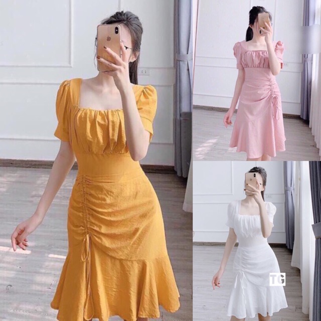 [Kèm ảnh thật]🍒Đầm trắng dự tiệc xoè nhẹ ngực nhún tà rút dây (Free/big size XL, 2XL) | BigBuy360 - bigbuy360.vn