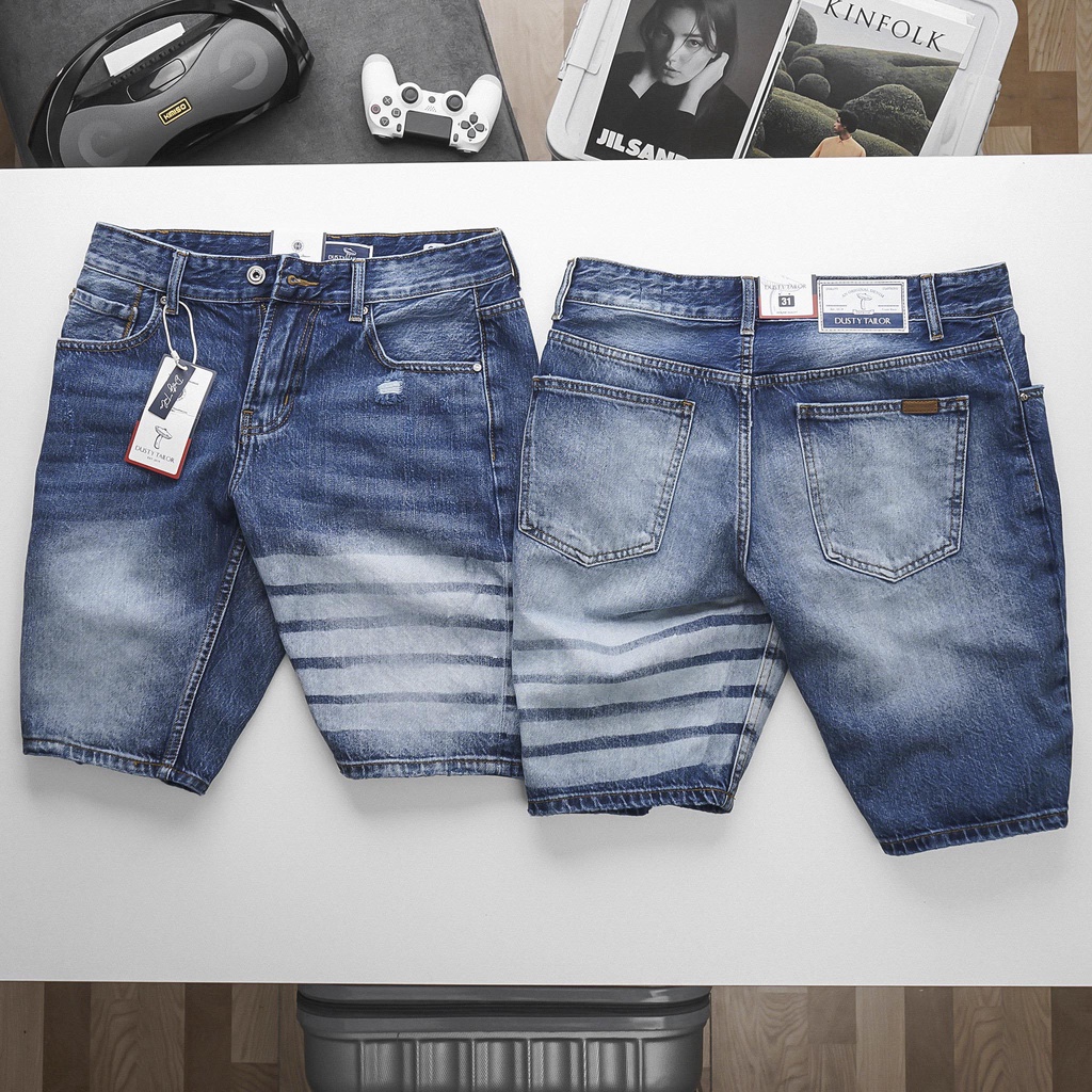 Quần short jean nam Dusty Tailor chính hãng, mẫu wash sọc thủ công đặc biệt, form slimfit, vải cotton 100%