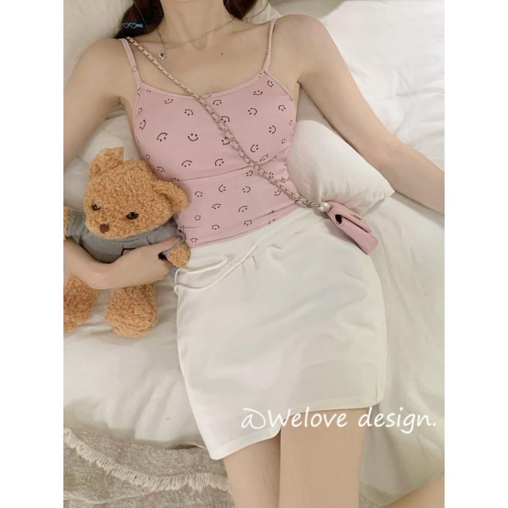 「 WELOVE1 」Áo Croptop Hai Dây Ôm Dáng Màu Hồng Trơn Quyến Rũ