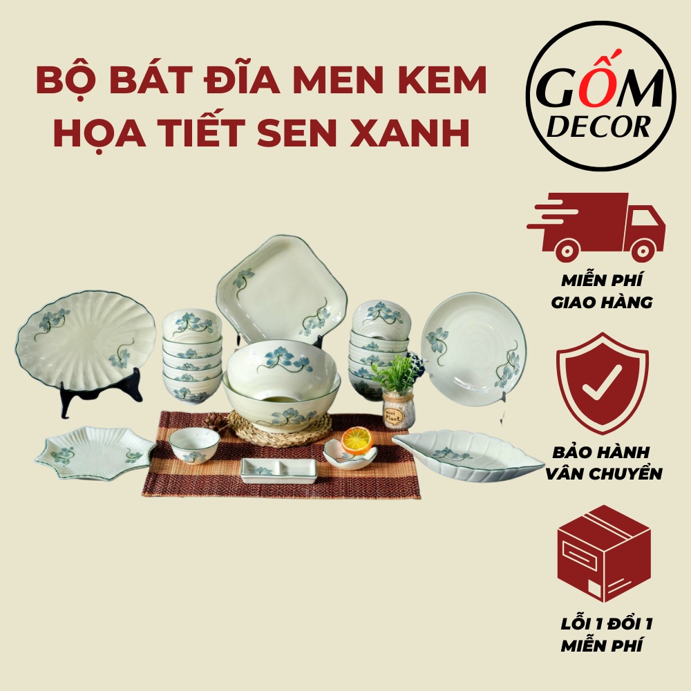 Bộ bát đĩa sứ Bát Tràng, bộ chén dĩa ăn cơm gia đình men kem họa tiết sen xanh, có bán các món lẻ