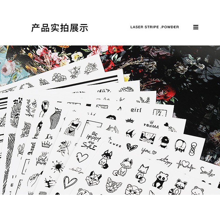 [Hàng mới về] Nhãn dán trang trí móng tay màu đen trắng 3D phong cách châu Âu dễ sử dụng