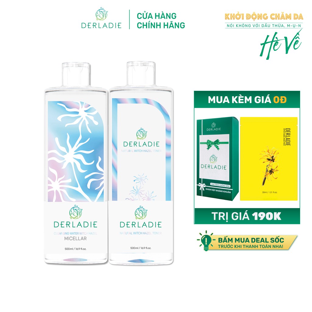 Bộ đôi làm sạch, cấp ẩm Nước tẩy trang Derladie Cleansing Water Witch Hazel, Nước cân bằng Natural Witch Hazel Toner