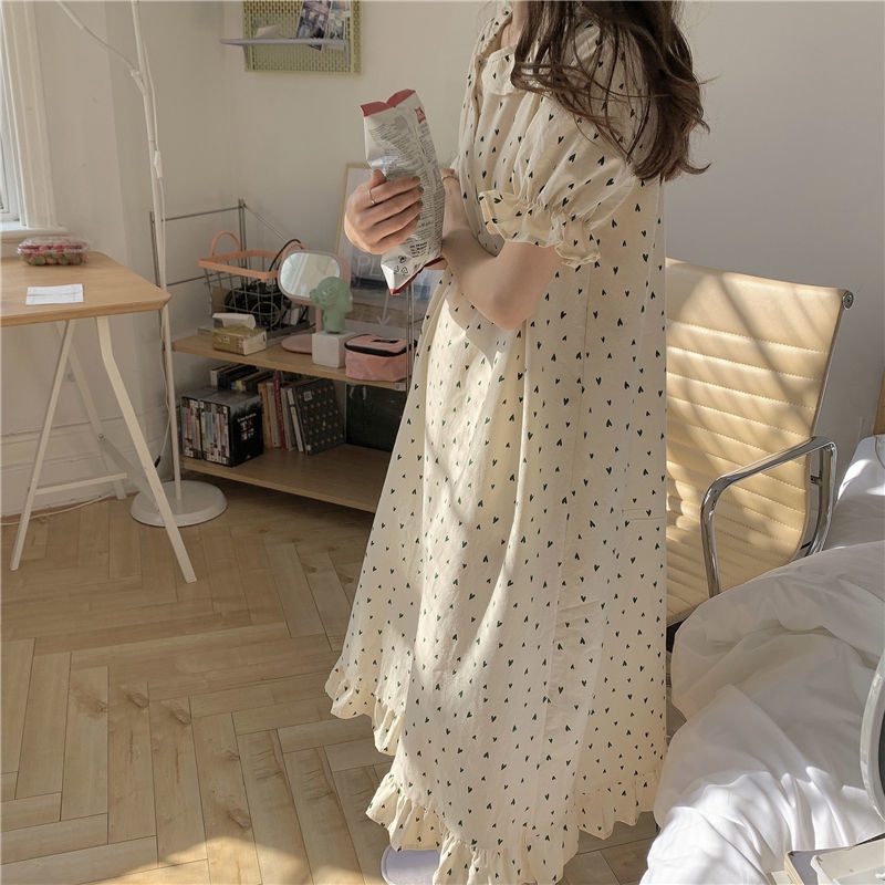 (Spot) 2022 Korean Princess Nightdress Doll Collar Fashion Home Clothes Long Print Pajamas