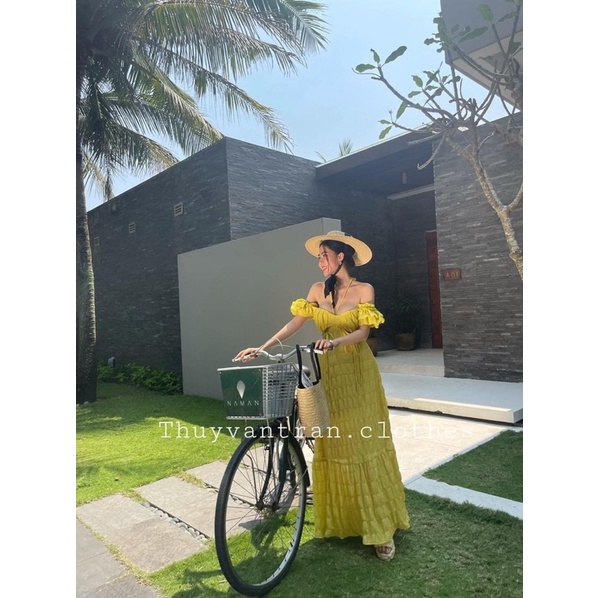 Đầm maxi nữ cổ yếm hở lưng gồm 3 chi tiết tay phồng hàng cao cấp
