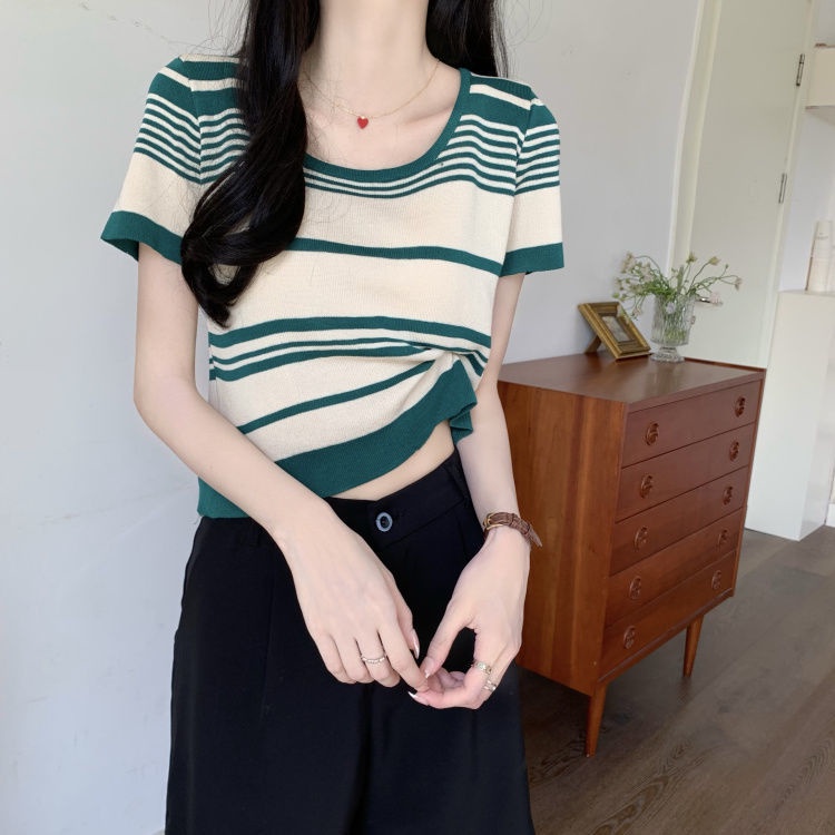 Áo Thun Nữ Tay Ngắn Kẻ Sọc Ngang Thời Trang Hàn Quốc
