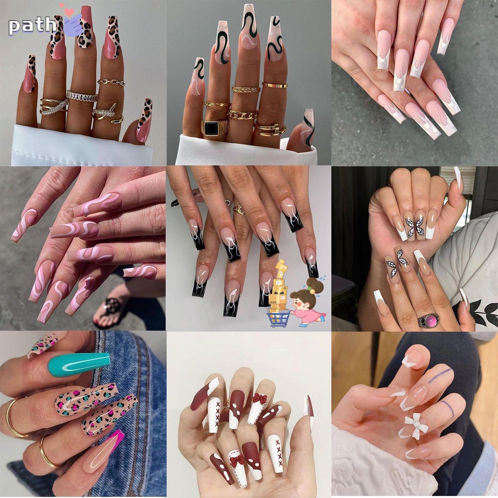 ♪PATH♪ 24pcs/Box French Ballerina Coffin False Nails Artificial Fake Nails Wearable Detachable Manicure Tool Full Cover Press On Nails Nail Tips