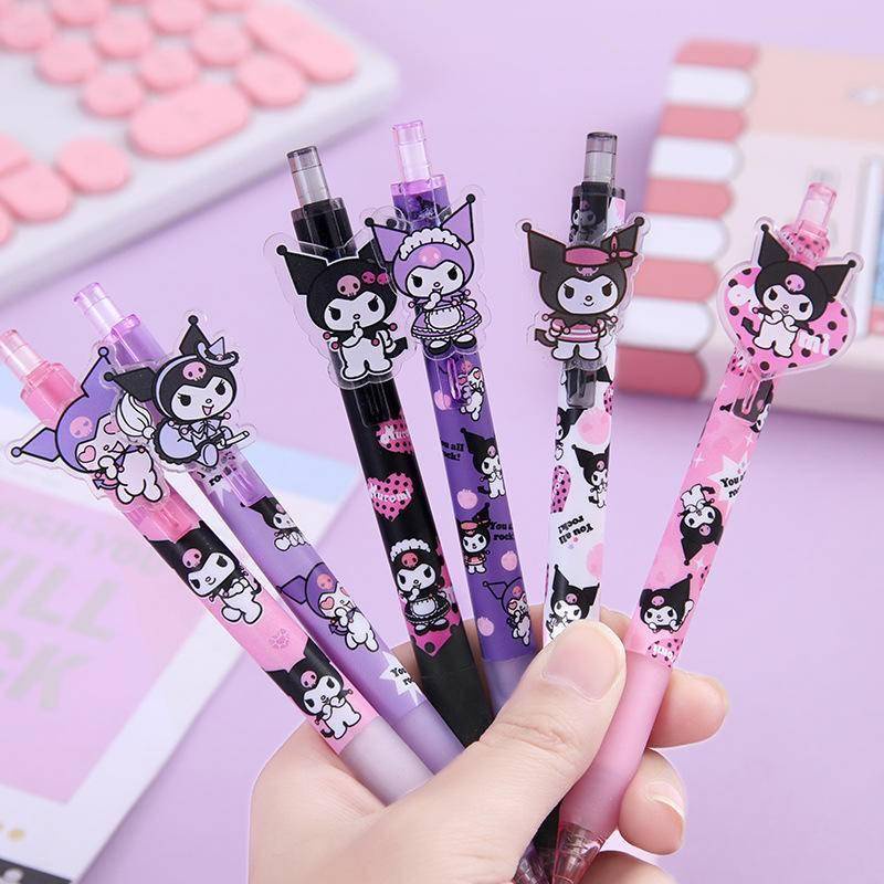 SANRIO Bộ 6 Bút Gel Mực Đen Dạng Nhấn In Họa Tiết Hoạt Hình Kuromi Dễ Thương Nhanh Khô Tiện Dụng Cho Bé