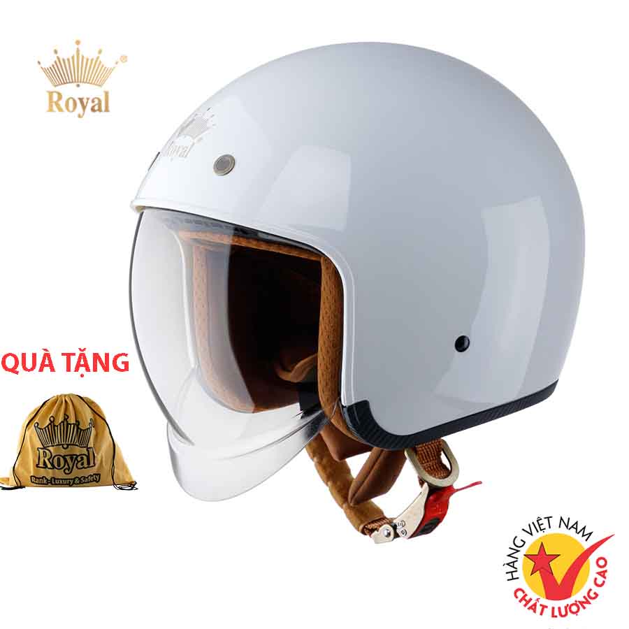 Mũ bảo hiểm 3/4 Royal M139 trắng bóng có kính âm màu trà size M L XL đi xe máy đạt chuẩn