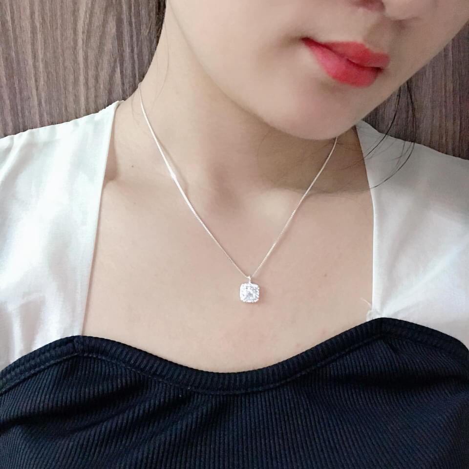 DEAL HOT Dây Chuyền Nữ- Vòng Cổ Bạc Mặt Đá Vuông Sang Chảnh, Nổi Bật