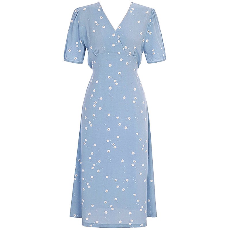 Váy MORAN dáng dài cổ V thon eo màu hoa xanh ngọt ngào nhẹ nhàng vintage dịu dàng | WebRaoVat - webraovat.net.vn