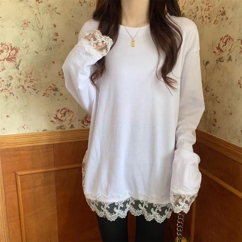 SUXI Áo Thun Tay Dài Cổ Tròn Phối Ren Màu Sắc Đơn Giản Thời Trang Xuân Thu