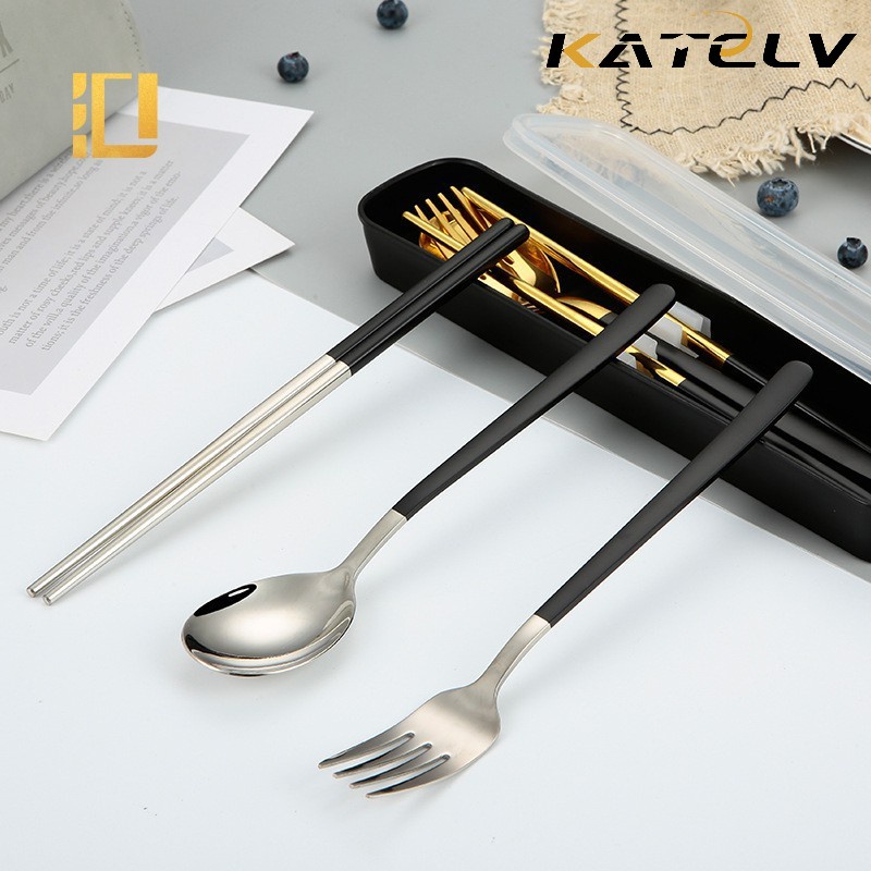 Bộ 2-3 dụng cụ ăn uống KATELV bằng thép không gỉ kiểu Hàn Quốc kèm hộp thích hợp dùng đi du lịch/ văn phòng/ cắm trại