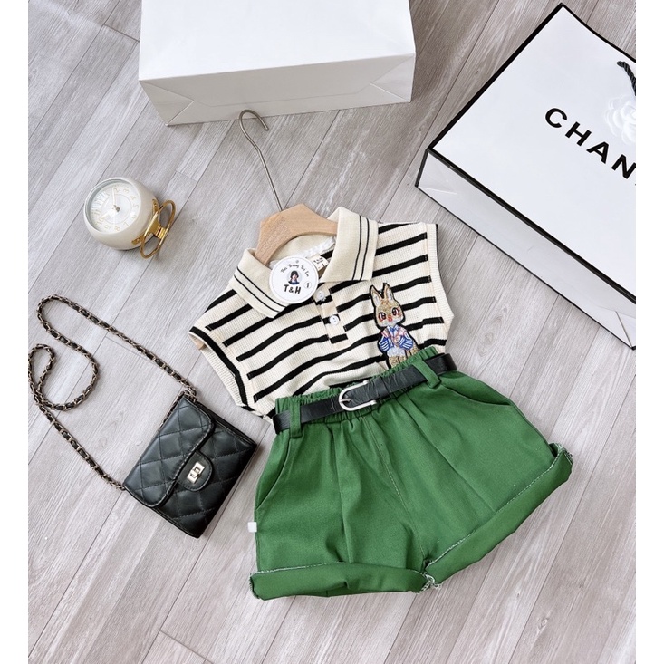 Set bộ bé gái, set áo len thỏ quần kaki kèm đai , sét áo kẻ cotton quần kaki kèm đai cho bé 8-28kg