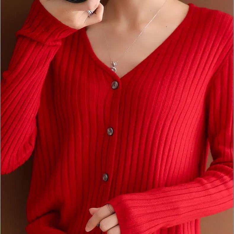 Áo sweater Dệt Kim Mỏng Cổ V Tay Dài Thời Trang Xuân Thu Cho Nữ
