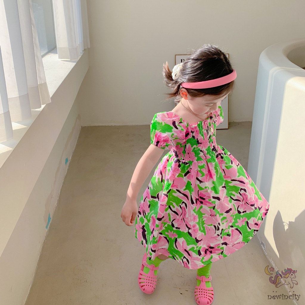 Đầm Công Chúa Tay Phồng Ngắn In Hoa Kiểu Hàn Quốc Thời Trang Mùa Hè Cho Bé Gái