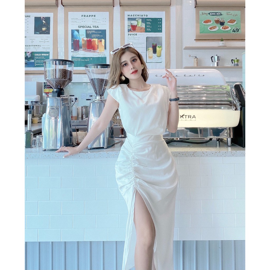 Đầm dự tiệc cột eo xẻ tà quyến rũ lụa hàn châu màu đen - màu trắng - DA002 | BigBuy360 - bigbuy360.vn