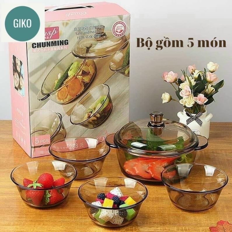 (HÀNG ĐẸP) Bộ Thủy tinh 5 món gồm 1 thố và 4 bát màu hổ phách