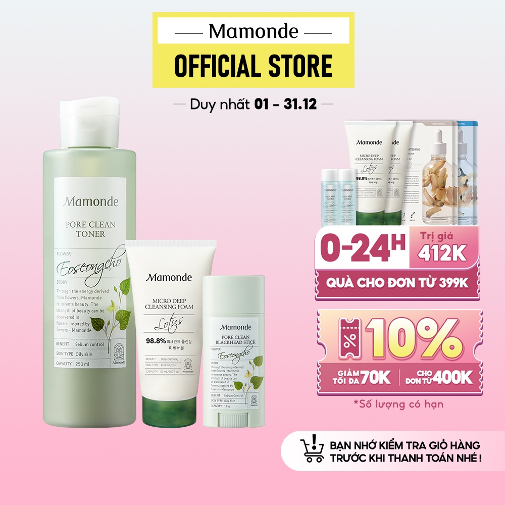 Bộ làm sạch & giảm bã nhờn, ngừa mụn đầu đen Mamonde Pore Clean Toner 250ml + Pore Clean Stick 18g + Sữa rửa mặt 50ml