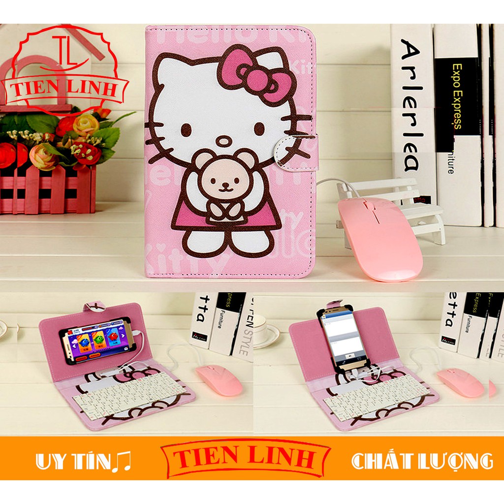 Combo bao da bàn phím + Chuột + Lót chuột cho điện thoại, máy tính bảng từ 4 đến 8 inch hình HELLOKITTY ÔM GẤU