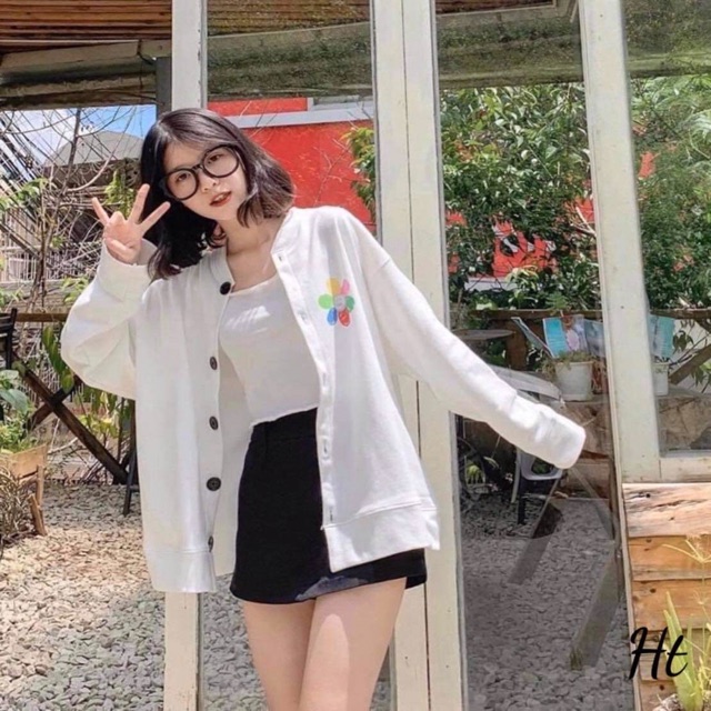 Áo khoác bomber nỉ bông logo hoa mặt cười dáng cadigan
