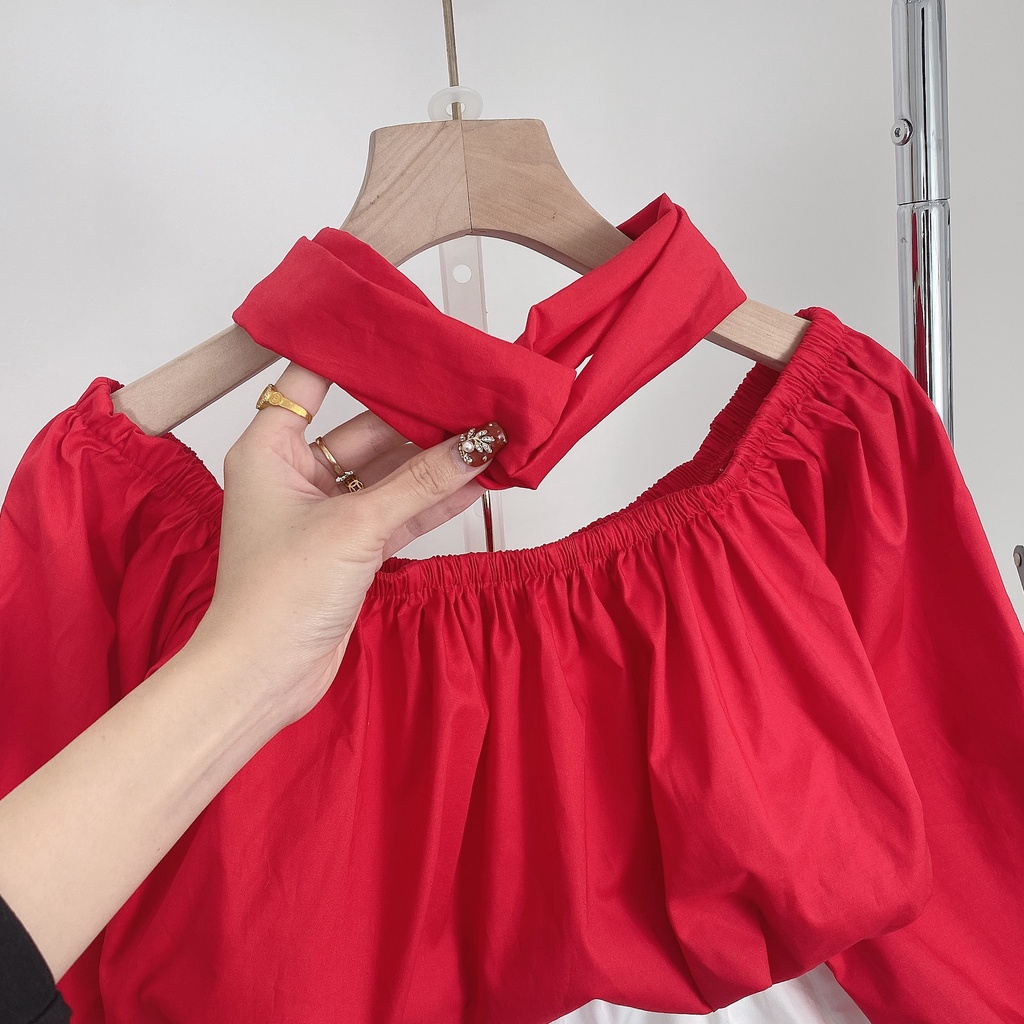 Set áo trễ vai đỏ mix quần short kèm khăn turban đội đầu BN975