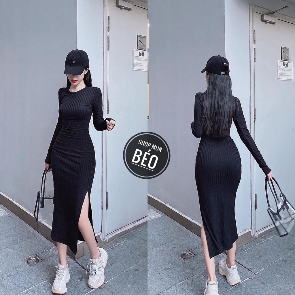 Đầm Body Cổ Tròn Tay Dài Xẻ Đùi Chất Thun Gân Thích Hợp Mặc Đi Tiệc Đi Làm Đi Chơi
