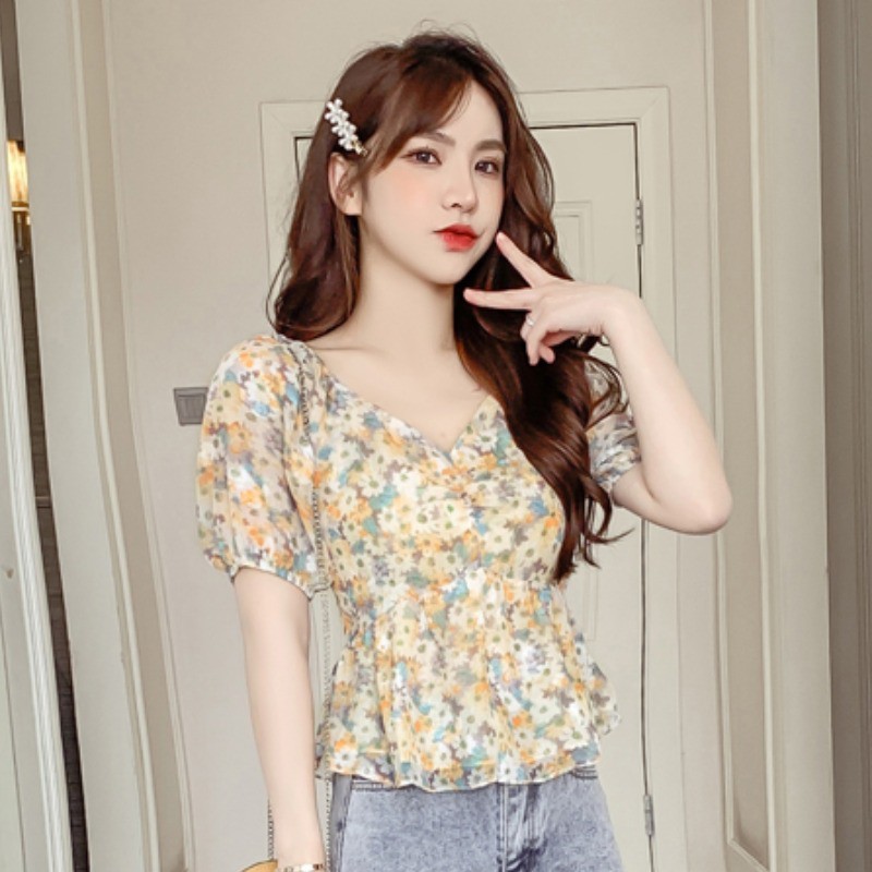 Áo Kiểu Tay Phồng Cổ Chữ V In Hoa Kiểu Vintage Xinh Xắn Cho Nữ