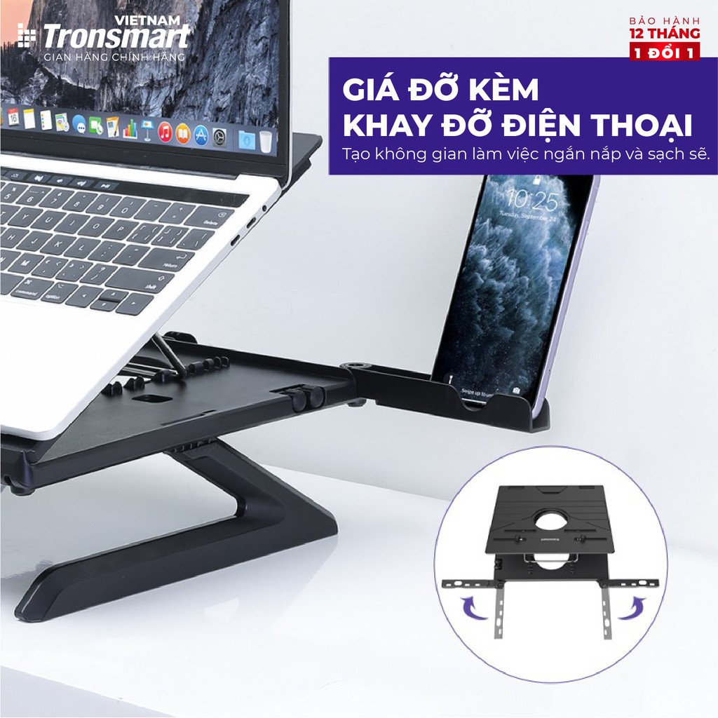 Giá đỡ laptop gấp gọn Tronsmart D07 Điều chỉnh độ cao Kèm giá đỡ điện thoại - Hàng chính hãng - Bảo hành 12 tháng 1 đổi