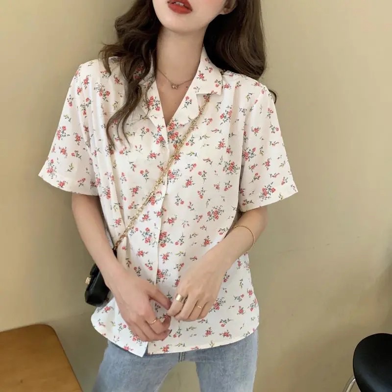 Áo Sơ Mi Ngắn Tay In Hoa Xinh Xắn Phong Cách Hàn Quốc