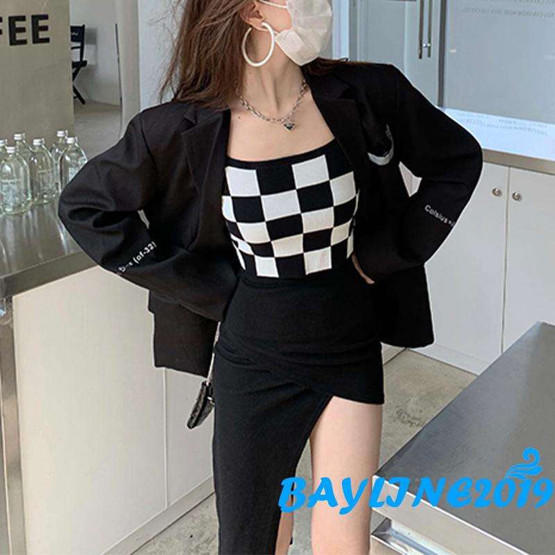 Áo lửng hai dây họa tiết kẻ ô vuông màu nâu/đen thời trang cho nữ