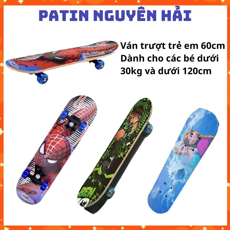 Ván trượt trẻ em gỗ phong ép 7 lớp dài 60cm ván trượt thể thao hình siêu nhân công chúa cho bé trai và bé gái