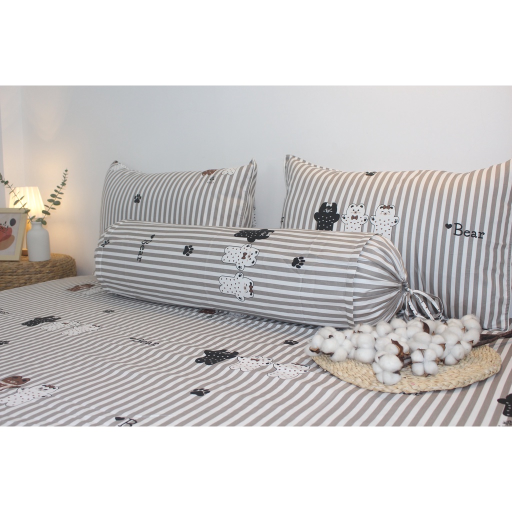 Bộ drap gối KHA LY - Gấu Sọc Nâu - vải  COTTON dày dặn, mát mẻ, siêu thấm mồ hôi