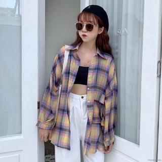 Áo khoác sơ mi kẻ sọc vuông vintage cho nữ